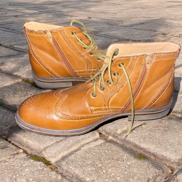 Savannah Harbor Stylish Size 11 Cognac Brown Wingtip Ankle Zip Lace Up Booties - Picture 1 of 4